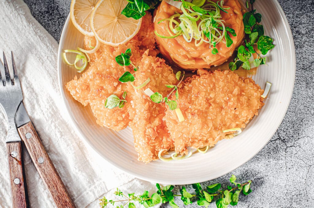 Panaden - dieses Bild zeigt Fleisch, was mit einer Cornflakes Panade paniert wurde