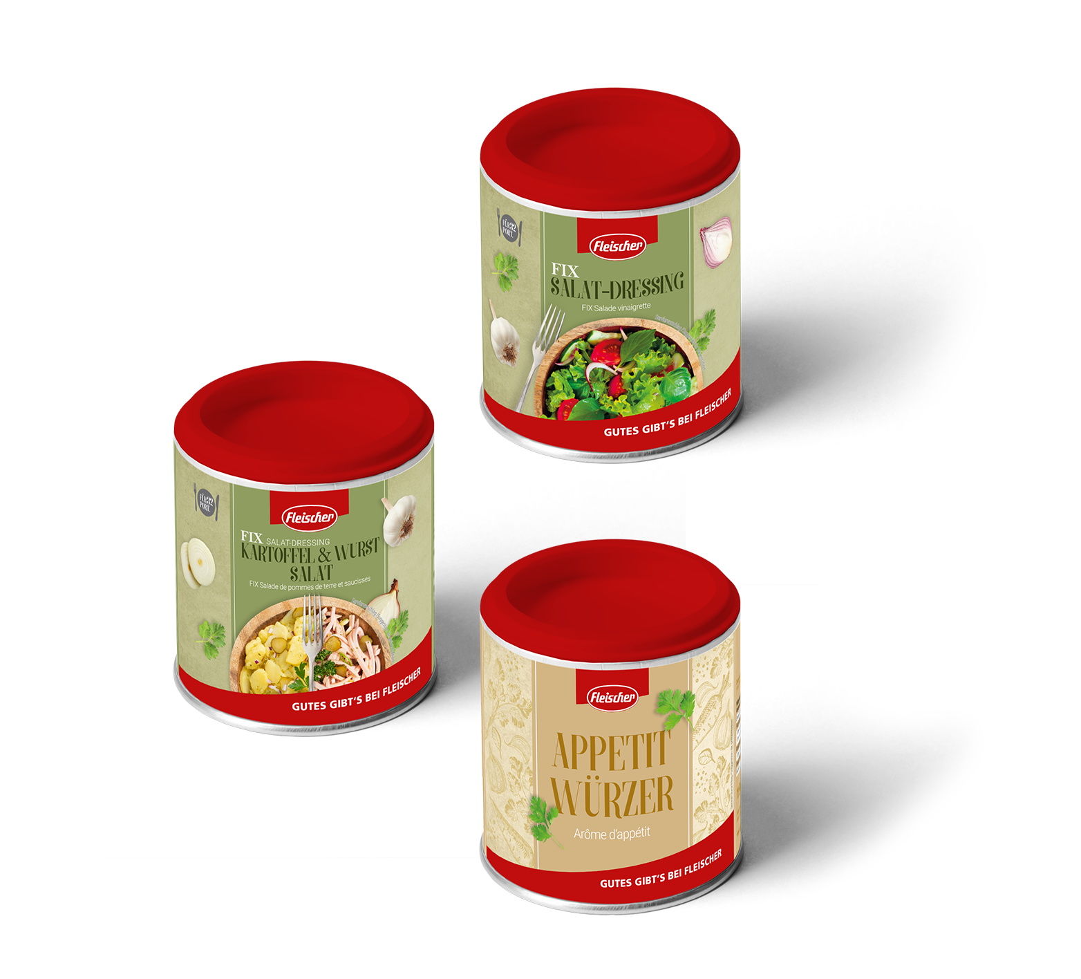 Drei Fleischer-Produkte in roten Dosen auf weißem Hintergrund